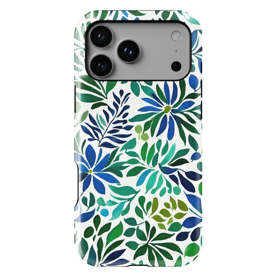 Blue and green botanical iPhone case featuring floral blooms and leafy watercolor-inspired artwork on a white background.