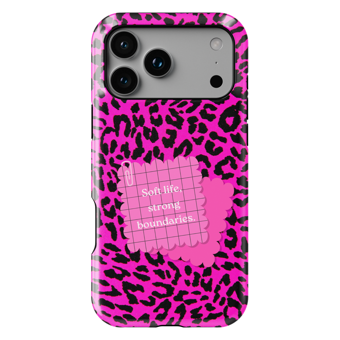 Hot pink leopard phone case with soft life strong boundaries quote, aesthetic iPhone 17 case for women, bold Galaxy S25 leopard print phone cover