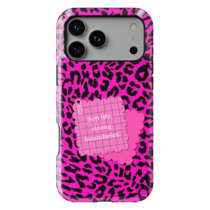 Hot pink leopard phone case with soft life strong boundaries quote, aesthetic iPhone 17 case for women, bold Galaxy S25 leopard print phone cover