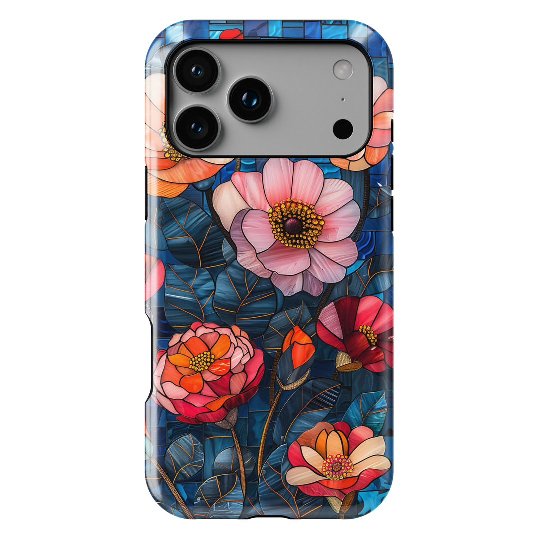 Colorful stained glass floral iPhone tough case with layered flowers and deep blue mosaic background