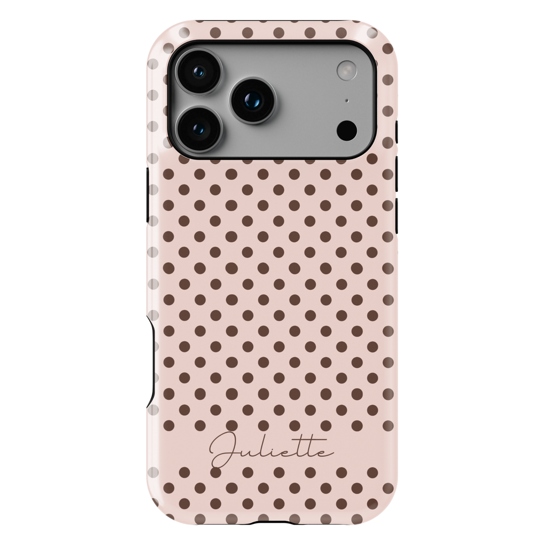 Beige polka dot phone case with personalized name, neutral preppy iPhone 17 case for women, aesthetic Galaxy S25 phone case, minimalist personalized phone cover
