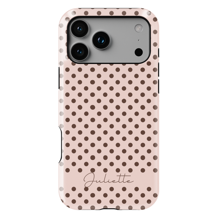 Beige polka dot phone case with personalized name, neutral preppy iPhone 17 case for women, aesthetic Galaxy S25 phone case, minimalist personalized phone cover