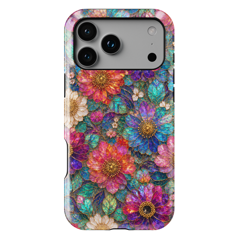 Luxury floral iPhone case featuring vibrant pink, purple, blue, and teal flowers with gold detailing and stained glass inspired artwork.