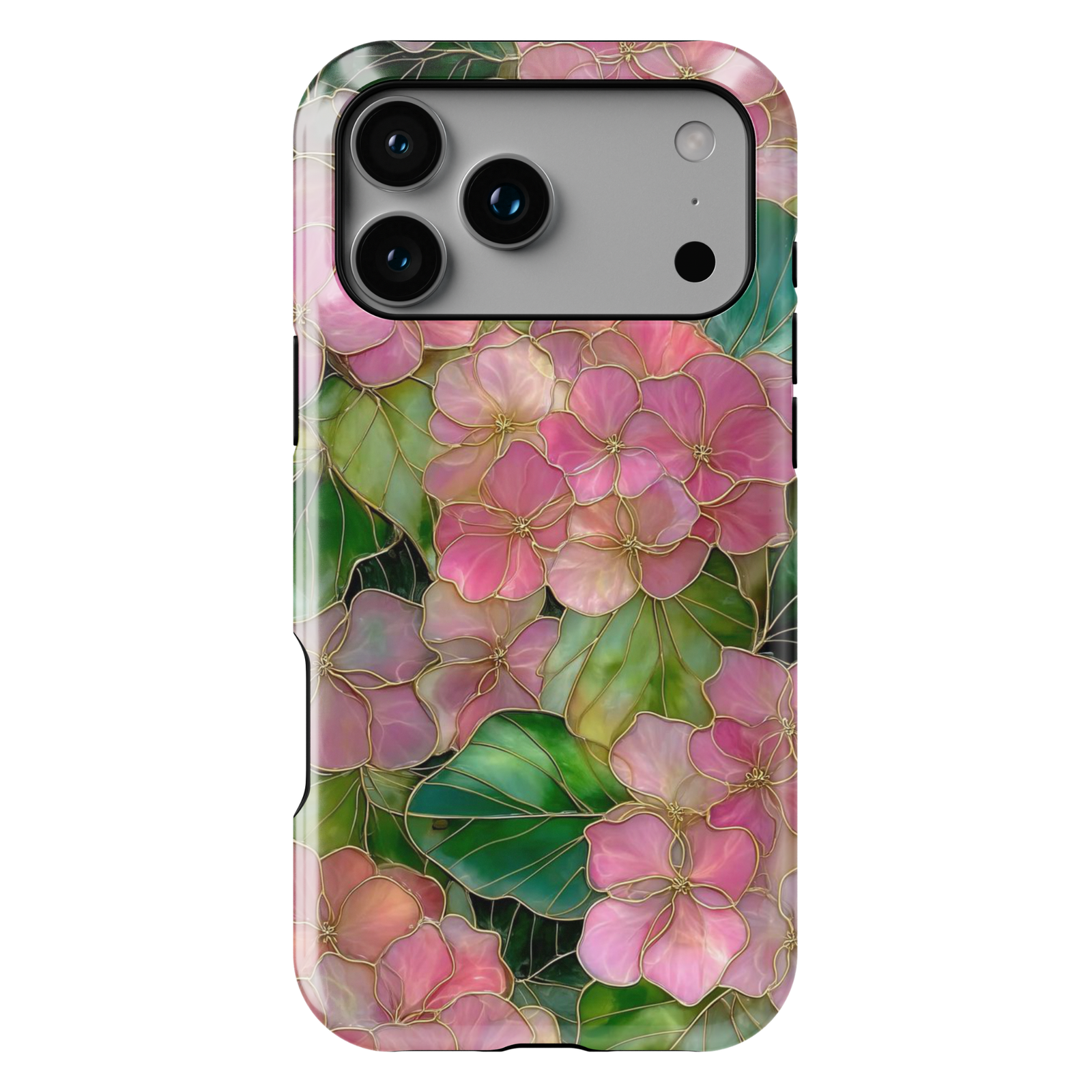 Pink floral iPhone 17 Pro Max case with gold outlined flowers and green leaves, aesthetic MagSafe tough case.