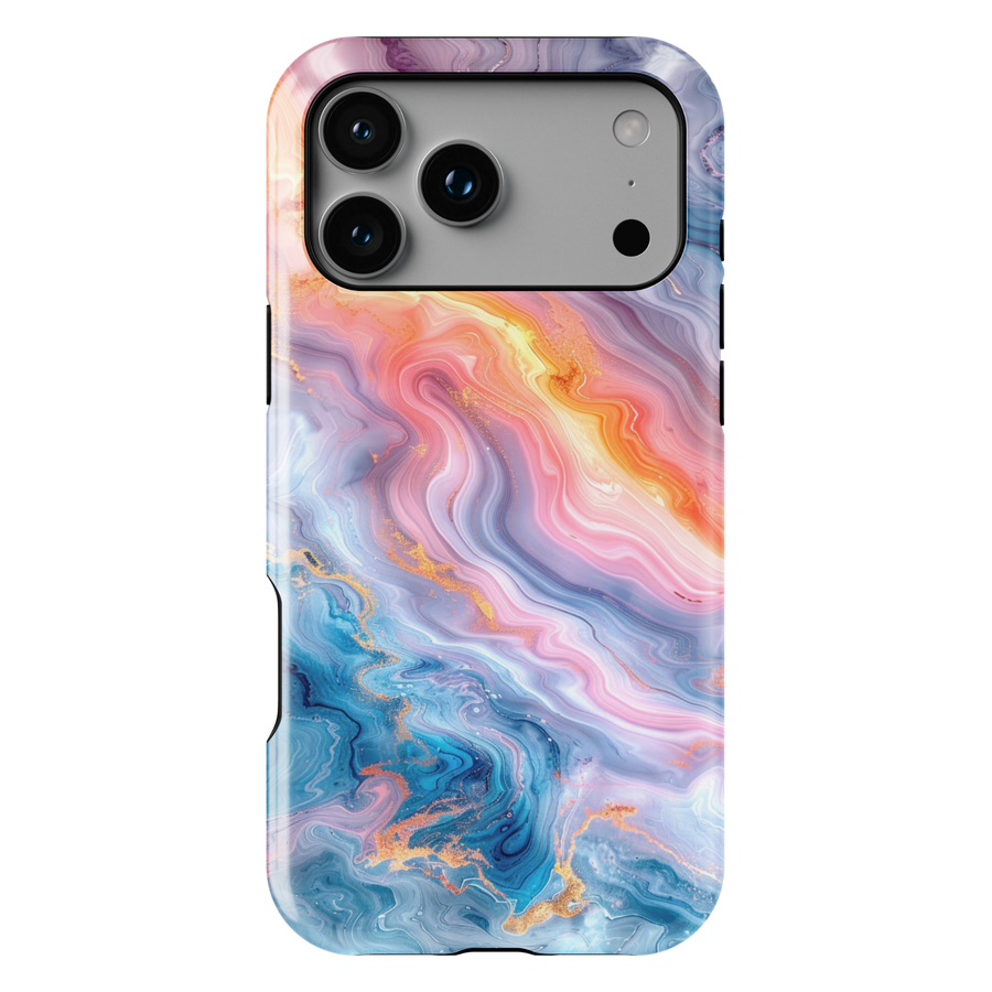 Pastel marble phone case with pink blue and gold abstract swirl design