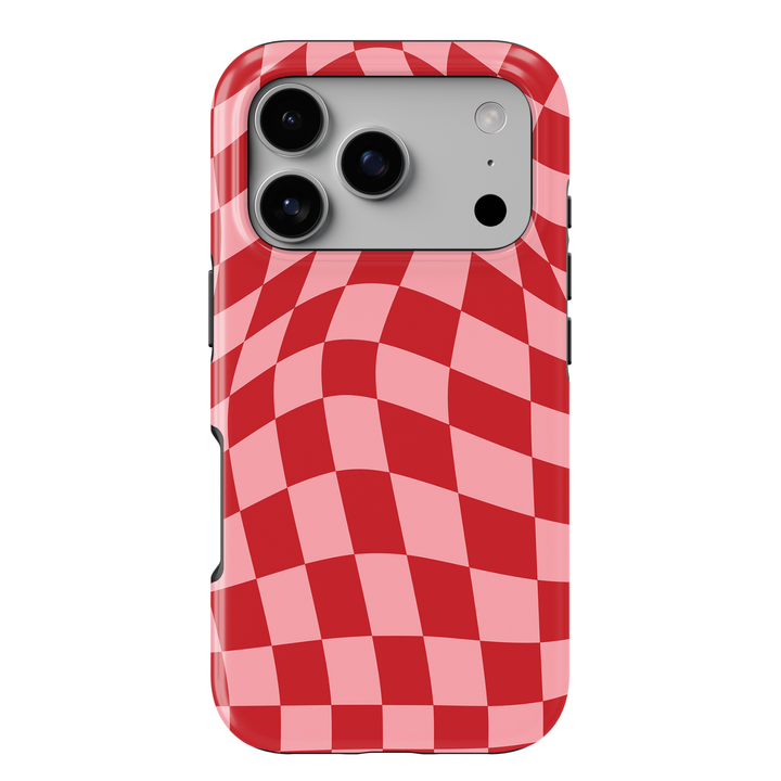 Check Mate red and pink checkerboard iPhone 18 Pro Max MagSafe case featuring a warped wavy checkered pattern in cherry red and blush pink, a cute retro protective tough iPhone 18 Pro phone case with a bold aesthetic checkerboard design and MagSafe compatibility.