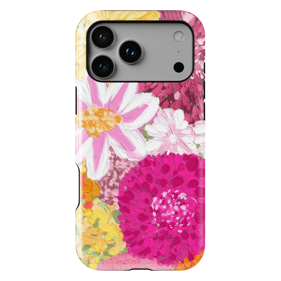 Pink floral painting phone case with bold flower design aesthetic girly case for iPhone 17 Pro Max and Samsung Galaxy S26 Ultra.