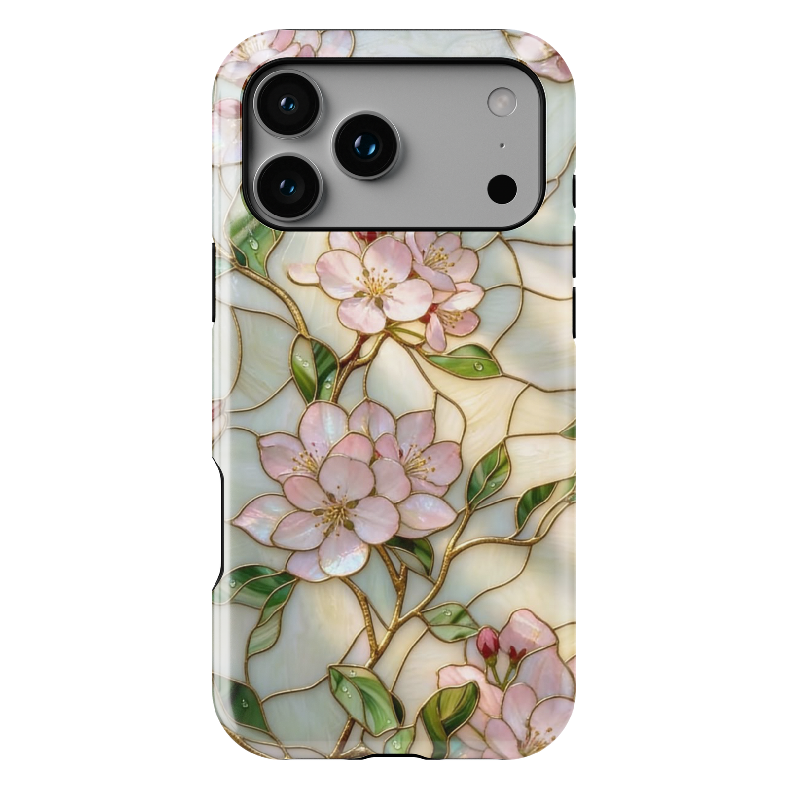 Soft pink blossom iPhone 17 Pro Max case with delicate floral design and stained-glass aesthetic finish.