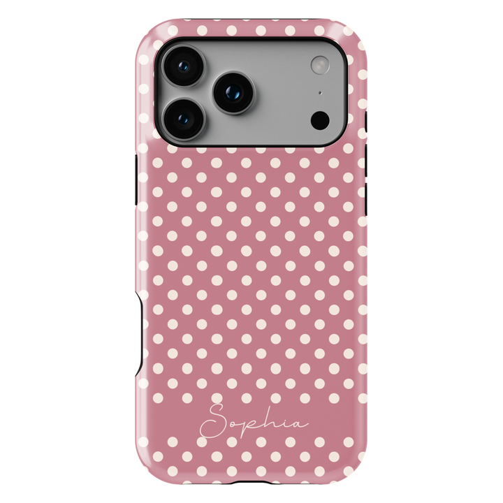 Blush pink polka dot phone case with personalized name, preppy iPhone 17 case for women, feminine Galaxy S25 phone case, aesthetic pink phone cover