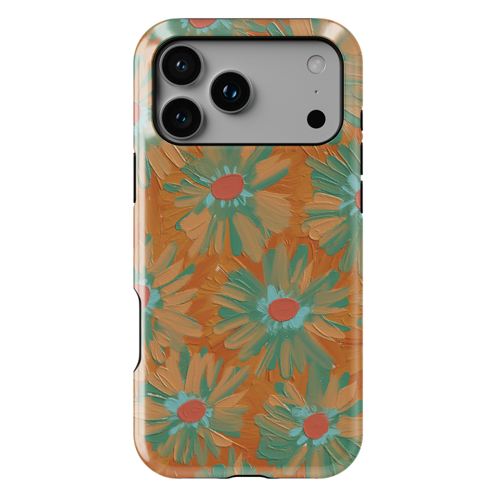 Hand-painted retro floral iPhone case featuring teal daisies on a warm copper background with textured brushstroke artwork.