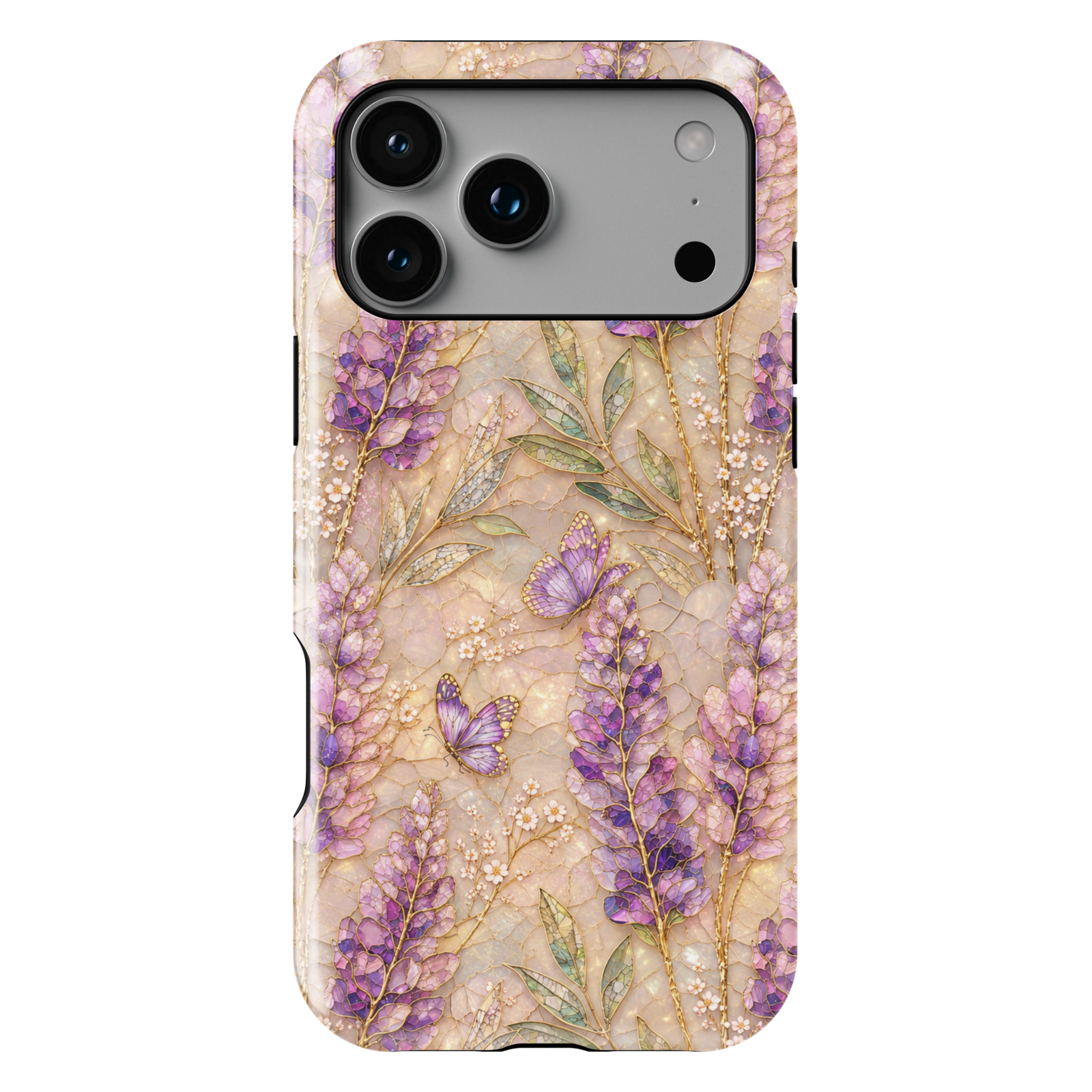 Elegant lavender butterfly phone case featuring purple wildflowers, delicate butterflies, gold botanical details, and a soft pearl-inspired background.