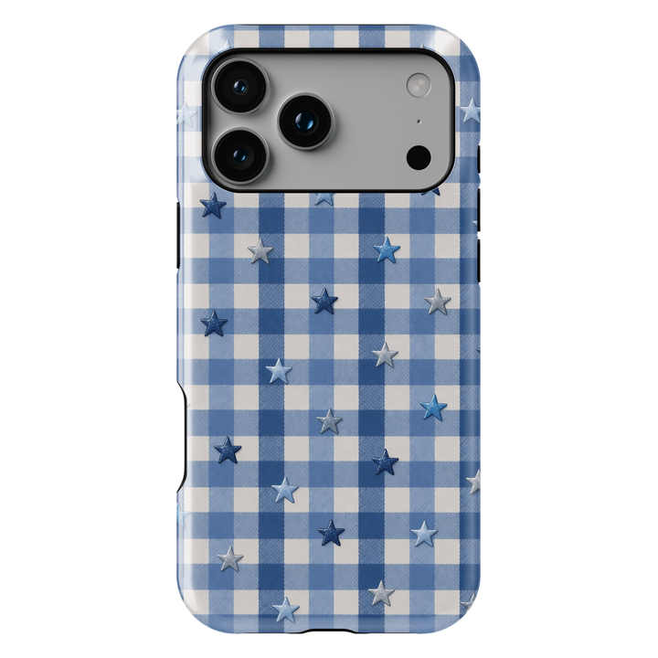 Blue gingham phone case with star pattern aesthetic girly preppy case for iPhone 17 Pro Max and Samsung Galaxy S26 Ultra.