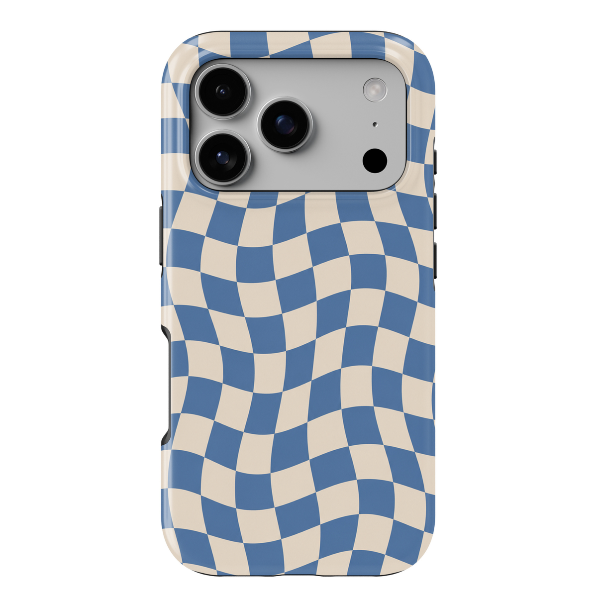 Making Waves blue checkerboard iPhone 18 Pro Max MagSafe case featuring a wavy blue and warm cream checkered pattern, a retro preppy protective tough iPhone 18 Pro phone case with an aesthetic distorted checkerboard design and MagSafe compatibility.