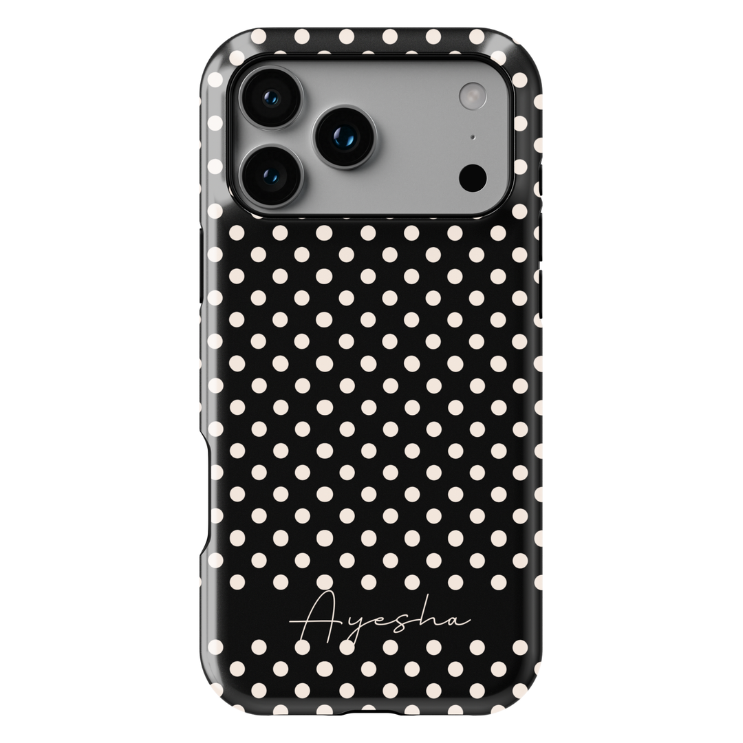 Black polka dot phone case with modern script name, personalized iPhone 17 case for women, preppy Galaxy S25 phone case, classic feminine phone cover