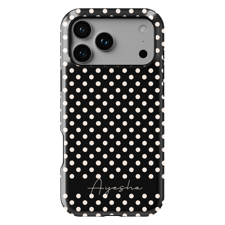 Black polka dot phone case with modern script name, personalized iPhone 17 case for women, preppy Galaxy S25 phone case, classic feminine phone cover