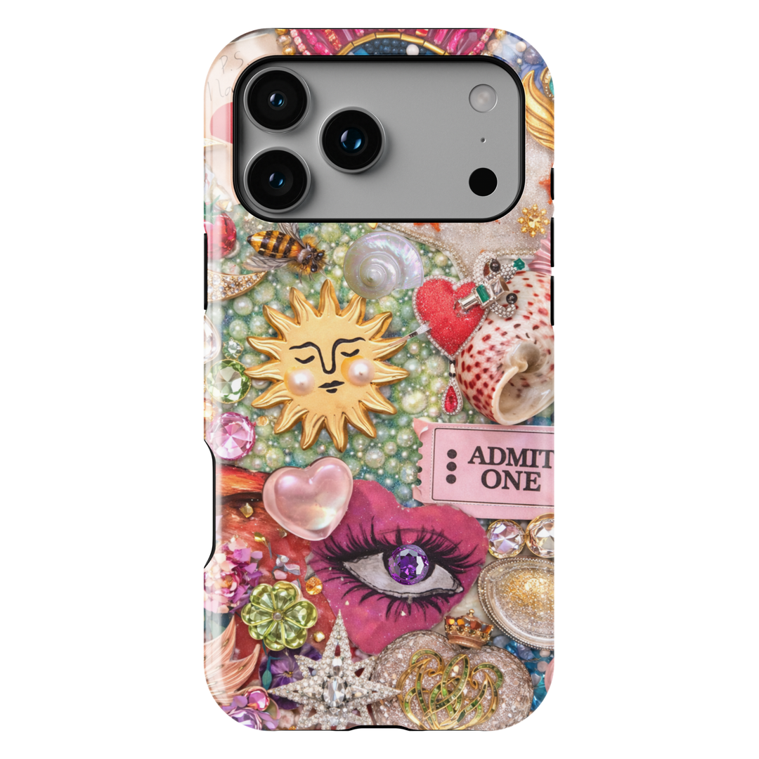 Maximalist vintage glam collage phone case featuring jeweled eye, celestial sun charm, pearls, shells and eclectic aesthetic protective tough case for iPhone and Samsung Galaxy