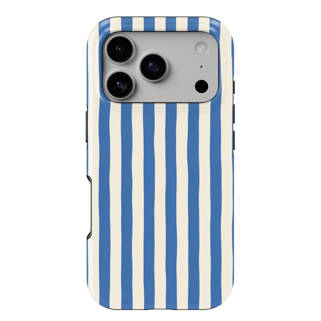 Poolside blue striped iPhone 18 Pro Max MagSafe case featuring bold cobalt blue and warm cream vertical stripes, a coastal preppy protective tough iPhone 18 Pro phone case with a classic striped design and MagSafe compatibility.