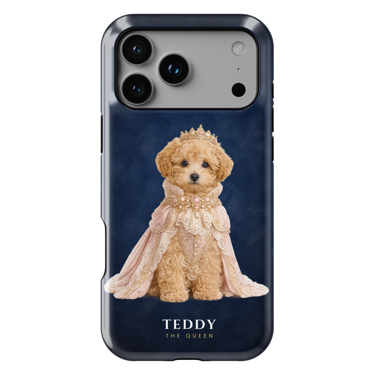 Custom royal pet phone case featuring personalized dog and cat portraits transformed into king and queen artwork on premium protective phone cases with navy, burgundy, and emerald backgrounds.