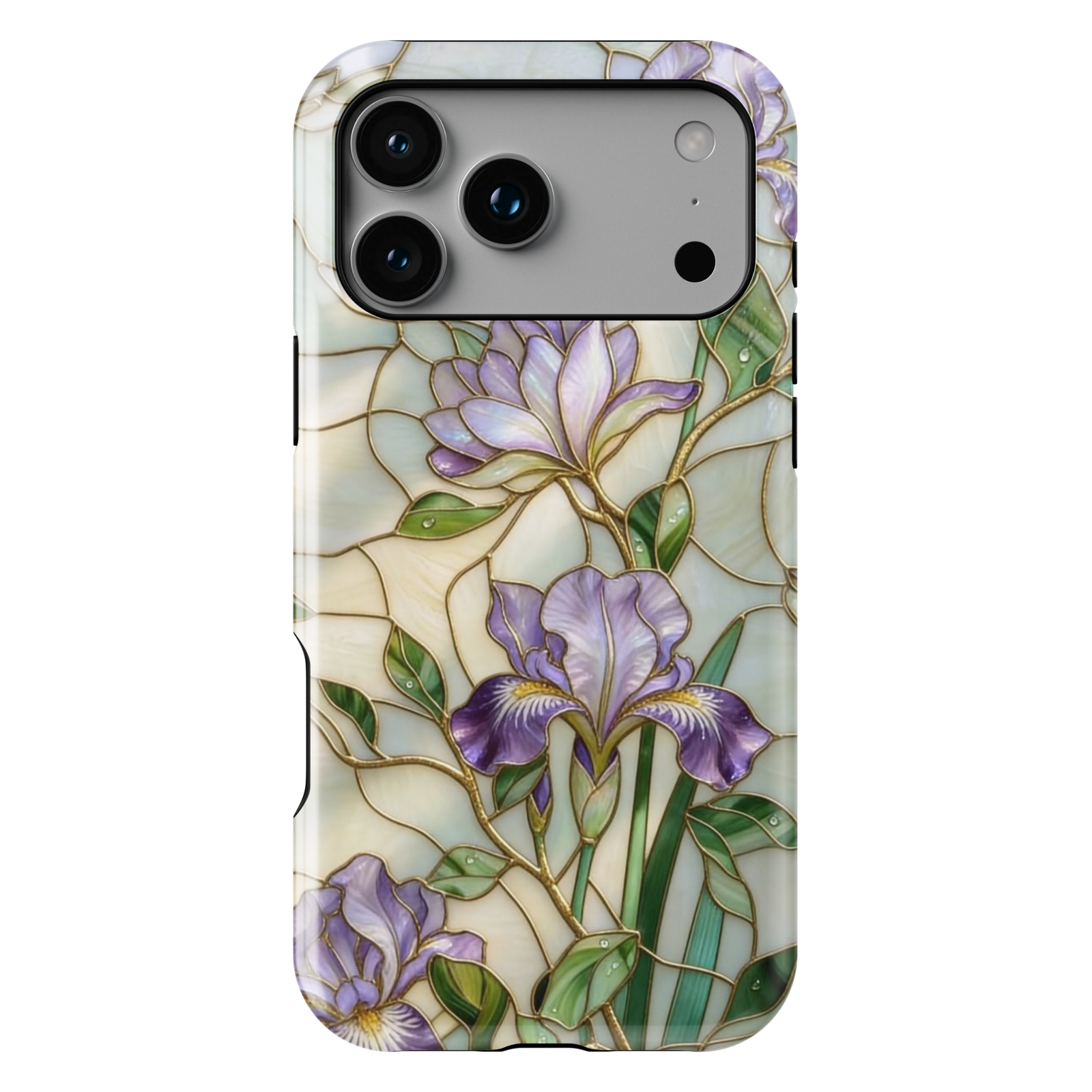 Purple iris floral iPhone 17 Pro Max case with gold detailing and pearl background, aesthetic MagSafe tough case.