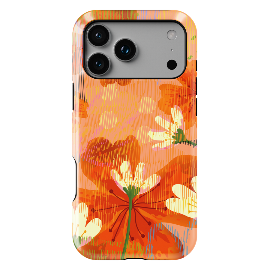 Orange floral phone case with bright summer flowers aesthetic girly case for iPhone 17 Pro Max and Samsung Galaxy S26 Ultra.