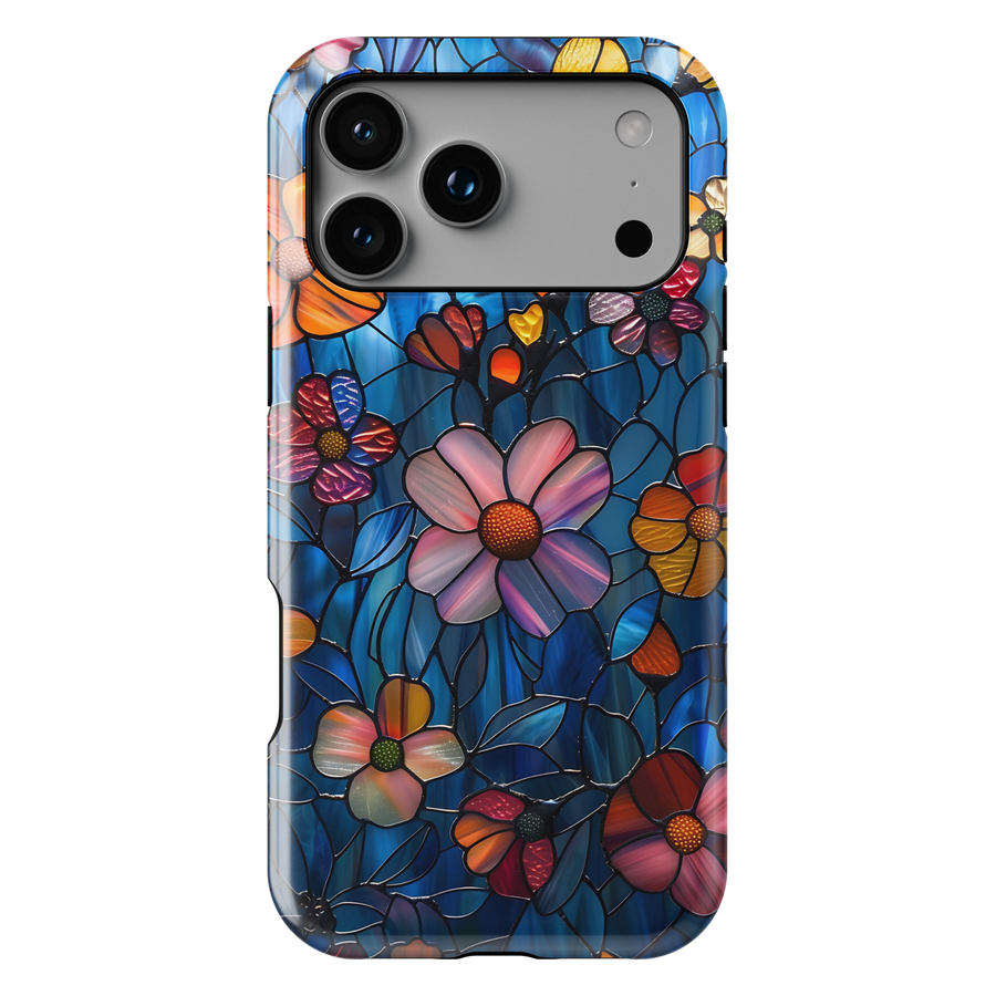 Colorful stained glass floral iPhone tough case with vibrant flowers and deep blue background