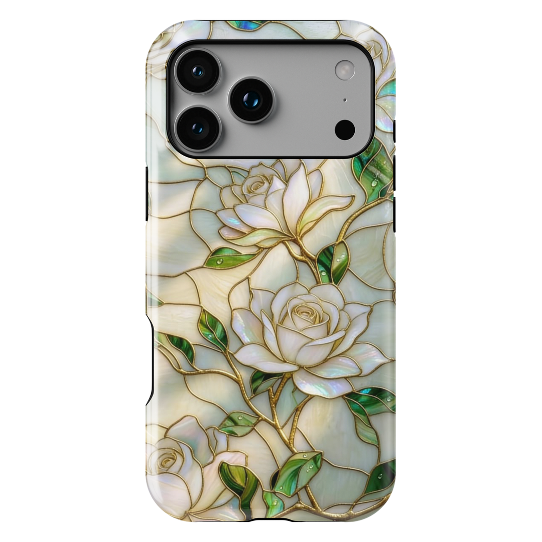 Ivory floral iPhone 17 Pro Max case with pearl background and gold outlined roses, aesthetic MagSafe tough case.