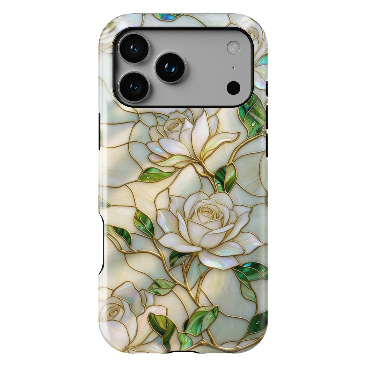Ivory floral iPhone 17 Pro Max case with pearl background and gold outlined roses, aesthetic MagSafe tough case.