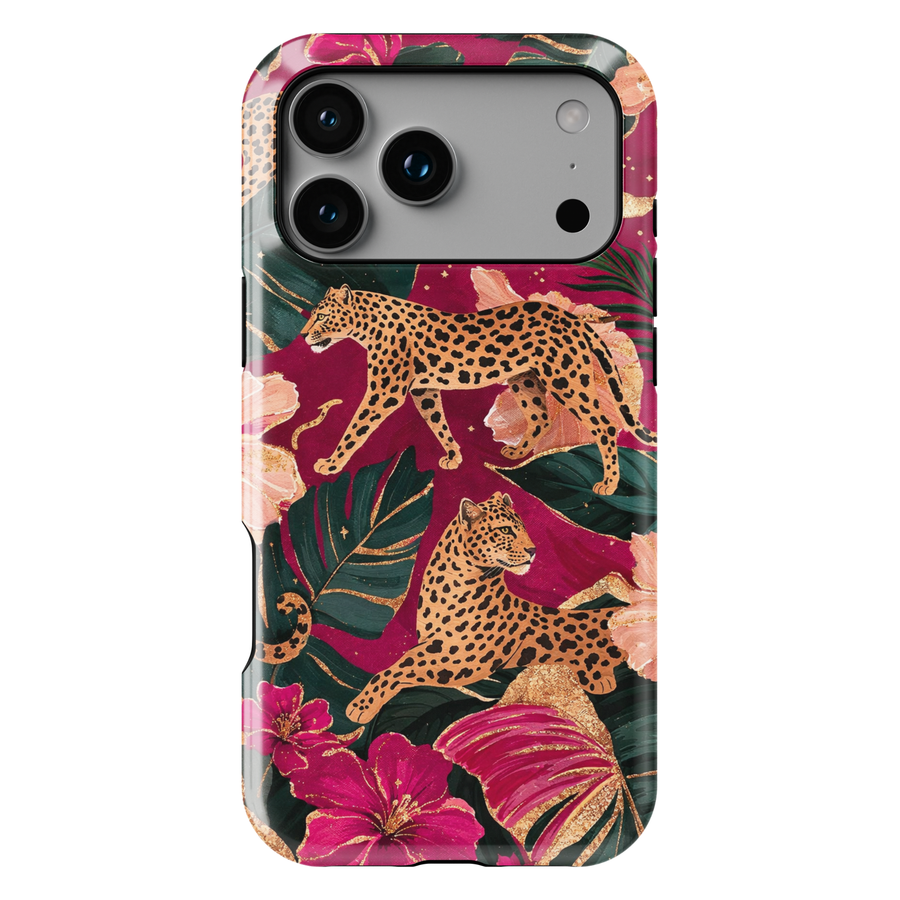 Leopard floral jungle phone case with pink flowers and green leaves aesthetic girly luxury case for iPhone 17 Pro Max and Samsung Galaxy S26 Ultra.