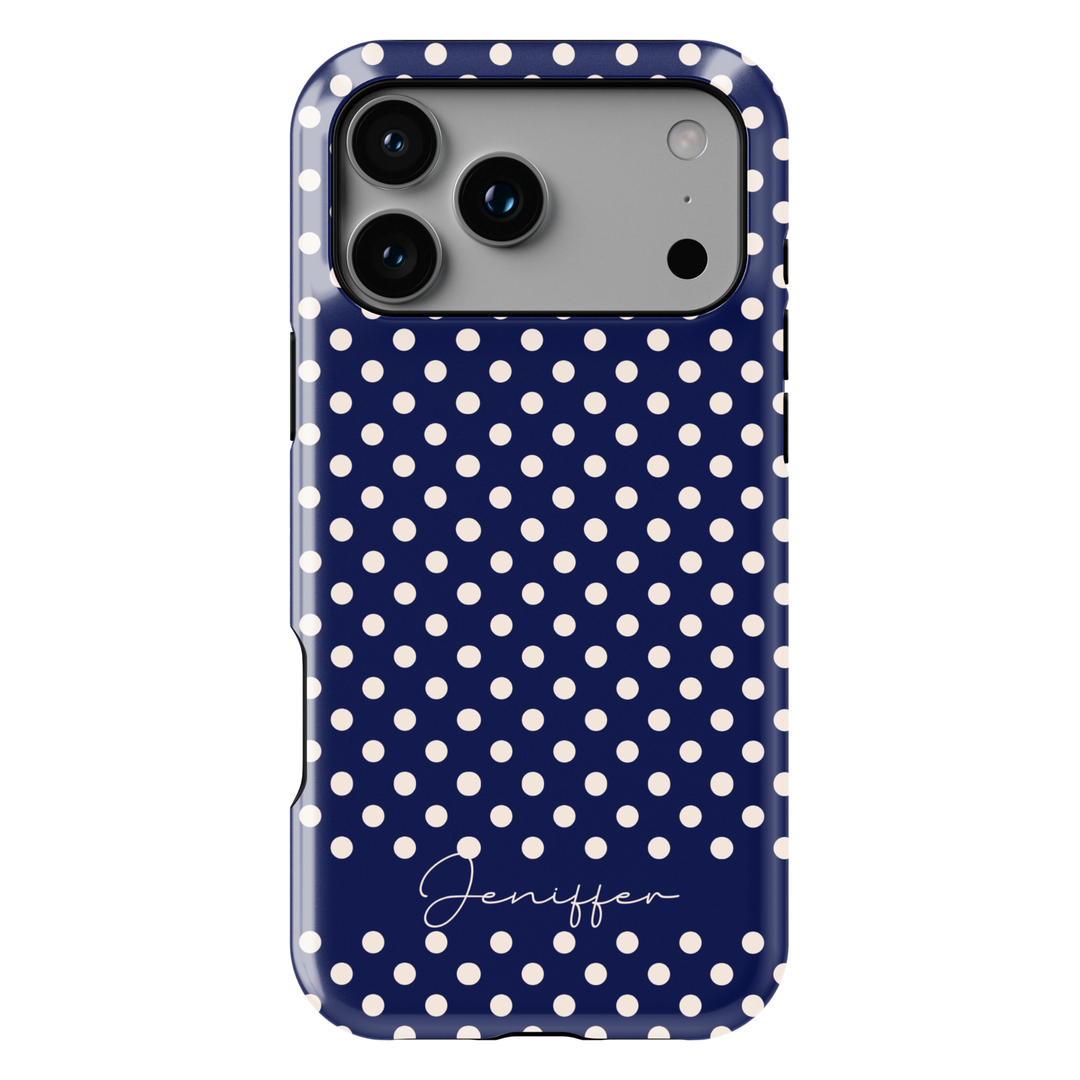 Navy polka dot phone case personalized with name, preppy iPhone 17 case for women, aesthetic Galaxy S25 phone cover, classic feminine phone case
