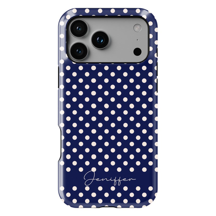 Navy polka dot phone case personalized with name, preppy iPhone 17 case for women, aesthetic Galaxy S25 phone cover, classic feminine phone case