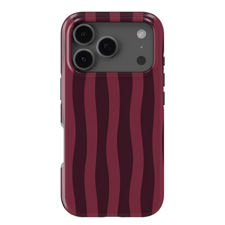 Velvet Rope burgundy striped iPhone 18 Pro Max MagSafe case featuring deep wine red, dark cherry and berry wavy vertical stripes, a sophisticated aesthetic protective tough iPhone 18 Pro phone case with a modern striped pattern and MagSafe compatibility.