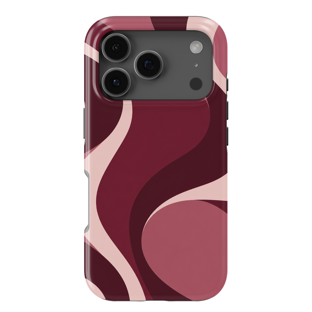 Slow Burn burgundy abstract iPhone 18 Pro Max MagSafe case featuring flowing merlot, wine red, dusty rose and blush pink waves, a feminine retro aesthetic protective tough iPhone 18 Pro phone case with a modern swirl design and MagSafe compatibility.