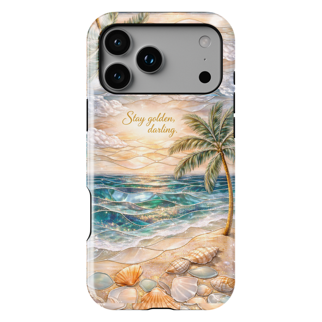 Beach aesthetic phone case featuring ocean sunset, palm tree, seashells and stay golden quote protective tough case for iPhone and Samsung Galaxy