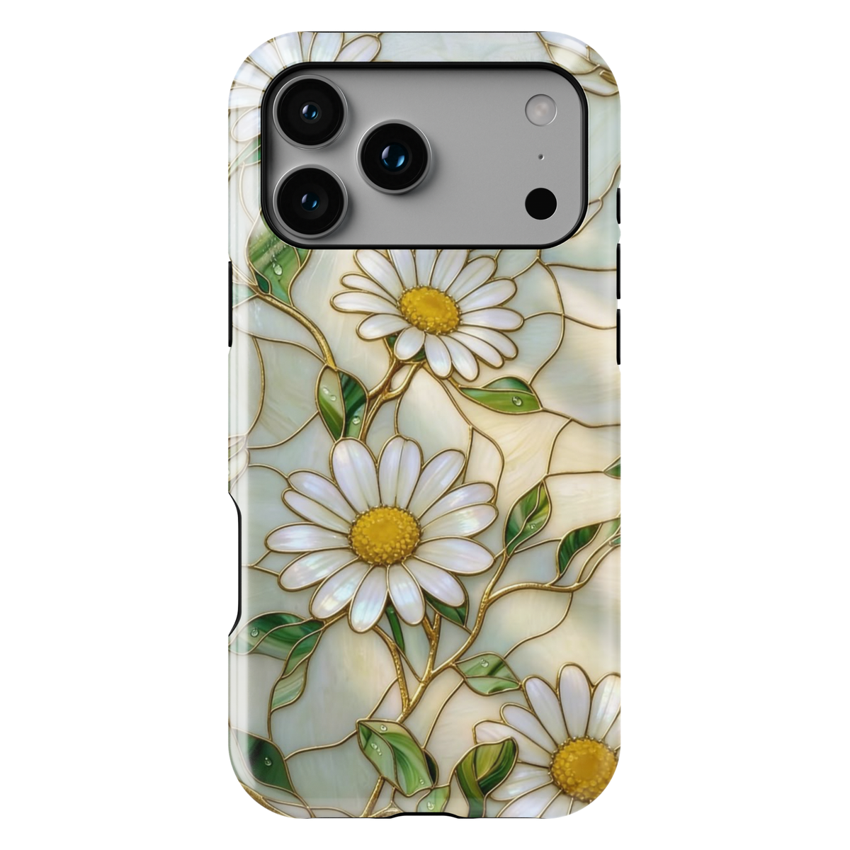 White daisy floral iPhone 17 Pro Max case with gold detailing and pearl background, aesthetic MagSafe tough case.