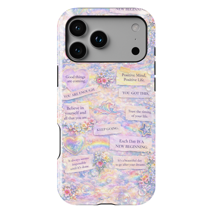 Pastel aesthetic affirmation phone case with motivational quotes, rainbow clouds, florals and inspirational sayings protective tough case for iPhone and Samsung Galaxy