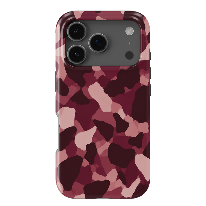 Crushed Velvet burgundy abstract iPhone 18 Pro Max MagSafe case featuring deep wine, dark cherry, berry, mauve and dusty pink organic camouflage shapes, a feminine aesthetic protective tough iPhone 18 Pro phone case with a modern abstract camo pattern and MagSafe compatibility.