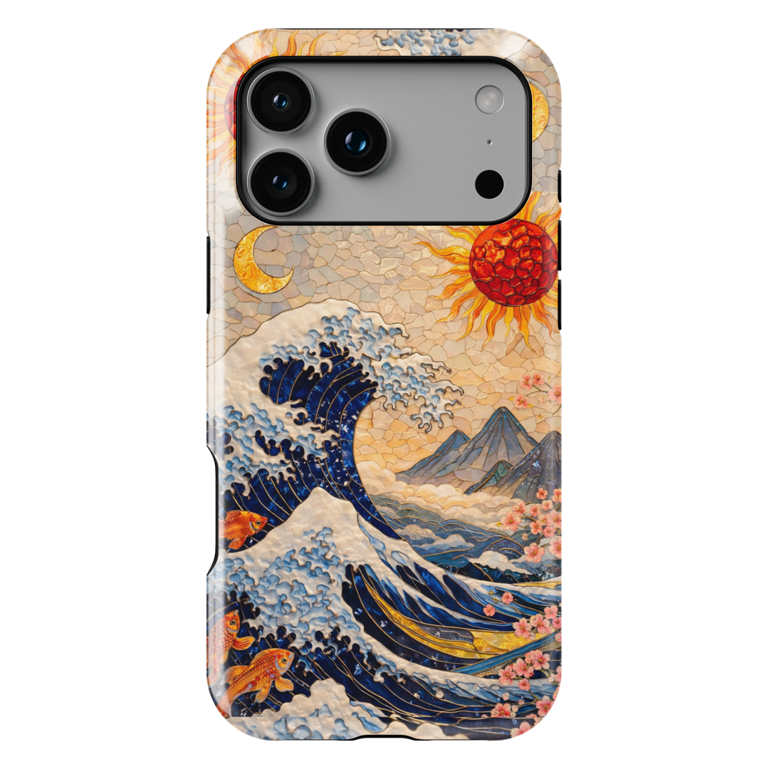 Great Wave Japanese art phone case with koi fish, golden sun, crescent moon, ocean waves and mountains aesthetic tough case for iPhone 16 Pro Max and Samsung Galaxy S25 Ultra