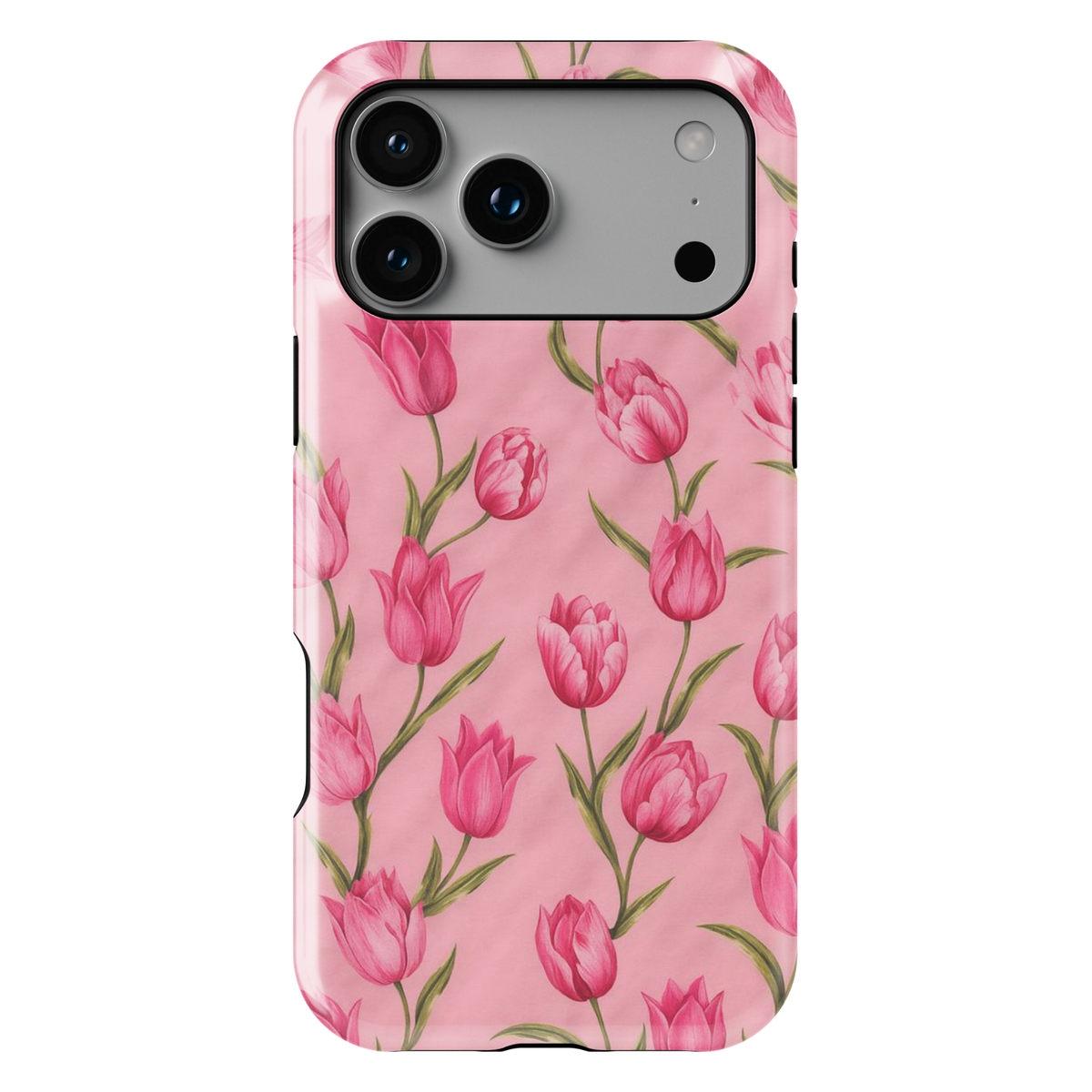Pink tulip floral iPhone 17 Pro Max case with soft blush background, aesthetic MagSafe tough case for women.