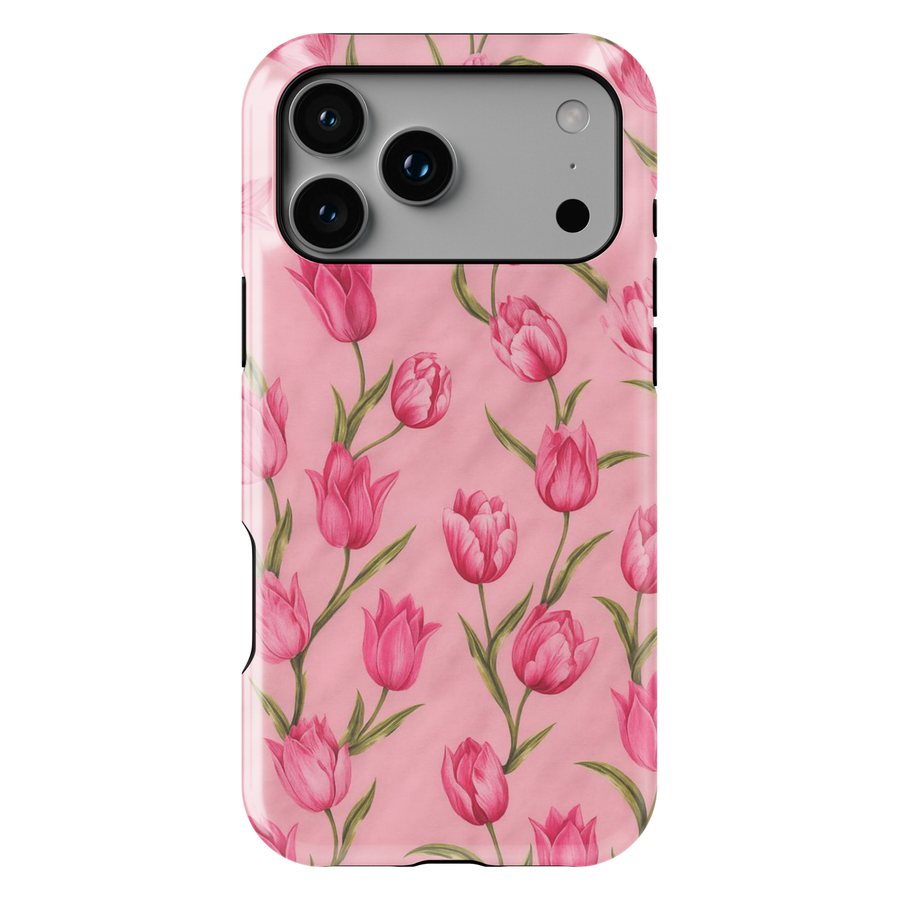 Pink tulip floral iPhone 17 Pro Max case with soft blush background, aesthetic MagSafe tough case for women.