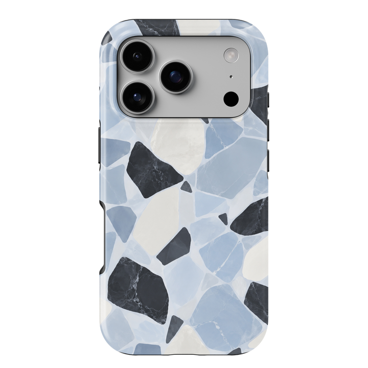 Cold Stone blue terrazzo iPhone 18 Pro Max MagSafe case featuring icy powder blue, ivory and charcoal marble stone shapes, a modern luxury protective tough iPhone 18 Pro phone case with an abstract terrazzo design and MagSafe compatibility.