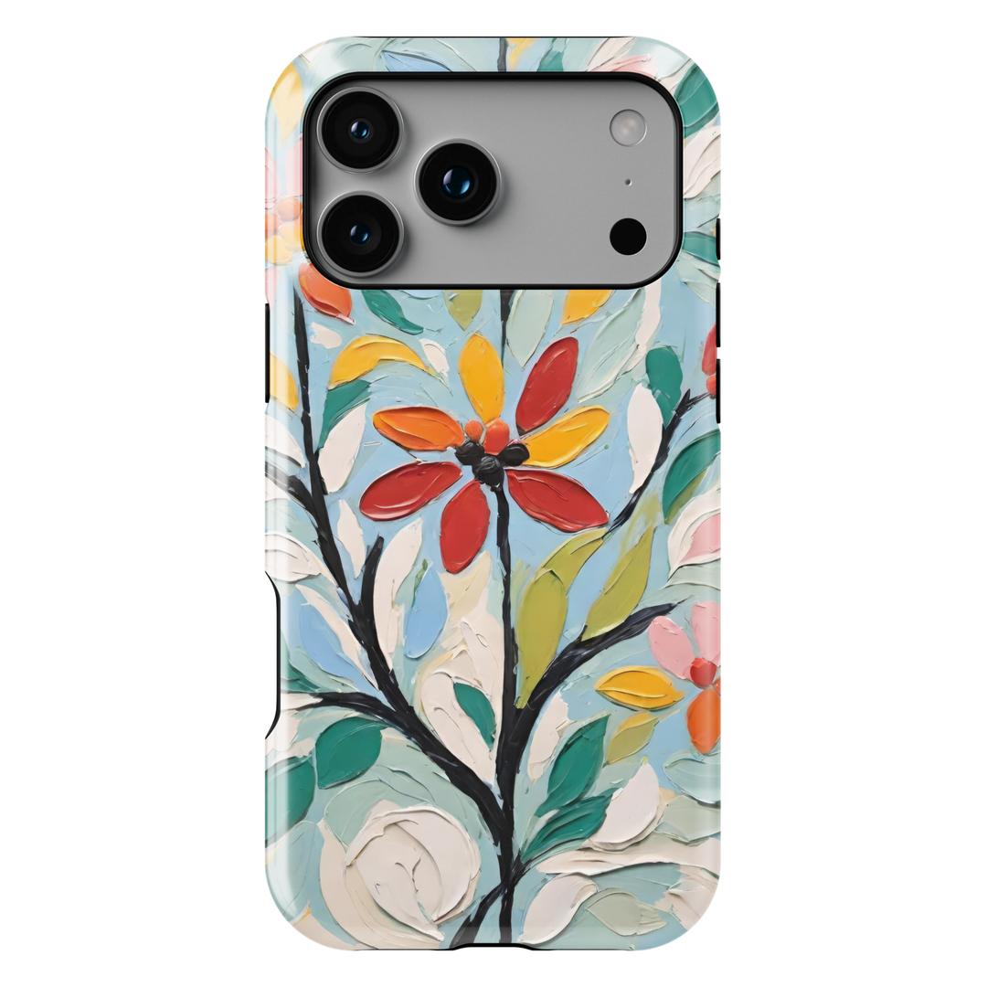 Painterly floral iPhone case featuring textured oil painting flowers in red, yellow, green, and blue with expressive brushstrokes.