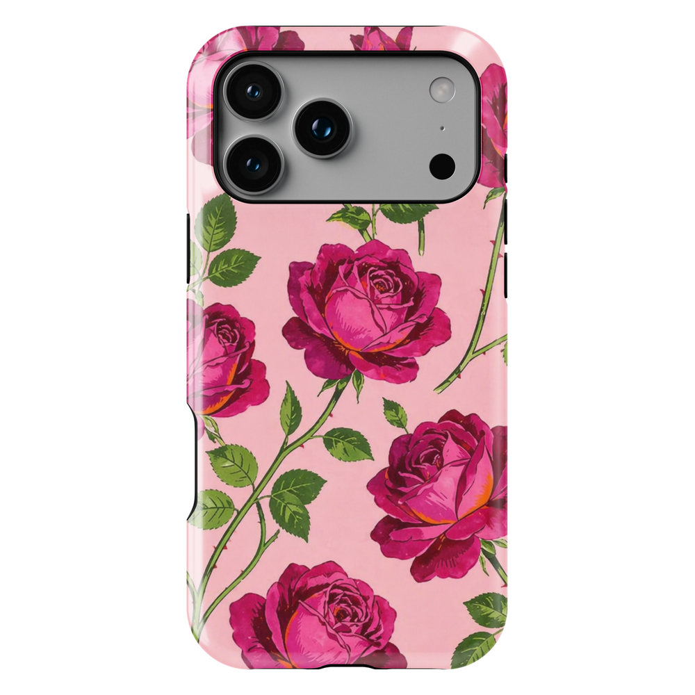 Pink rose floral iPhone 17 Pro Max case with bold red roses on blush background, aesthetic MagSafe tough case for women.