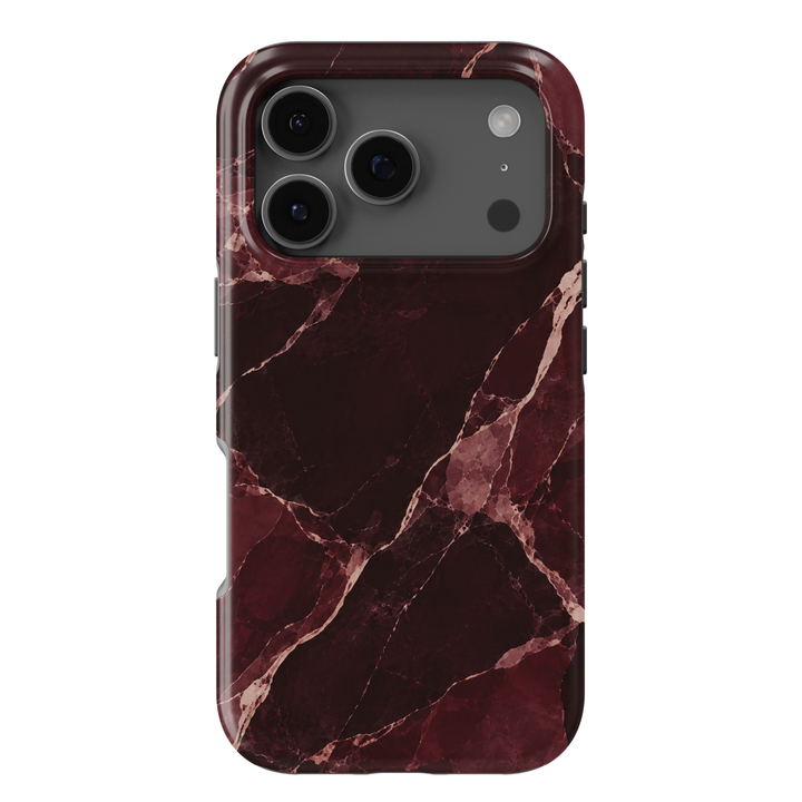 After Hours burgundy marble iPhone 18 Pro Max MagSafe case featuring deep wine, dark cherry and merlot marble with blush veining, an elegant luxury protective tough iPhone 18 Pro phone case with a sophisticated red marble design and MagSafe compatibility.
