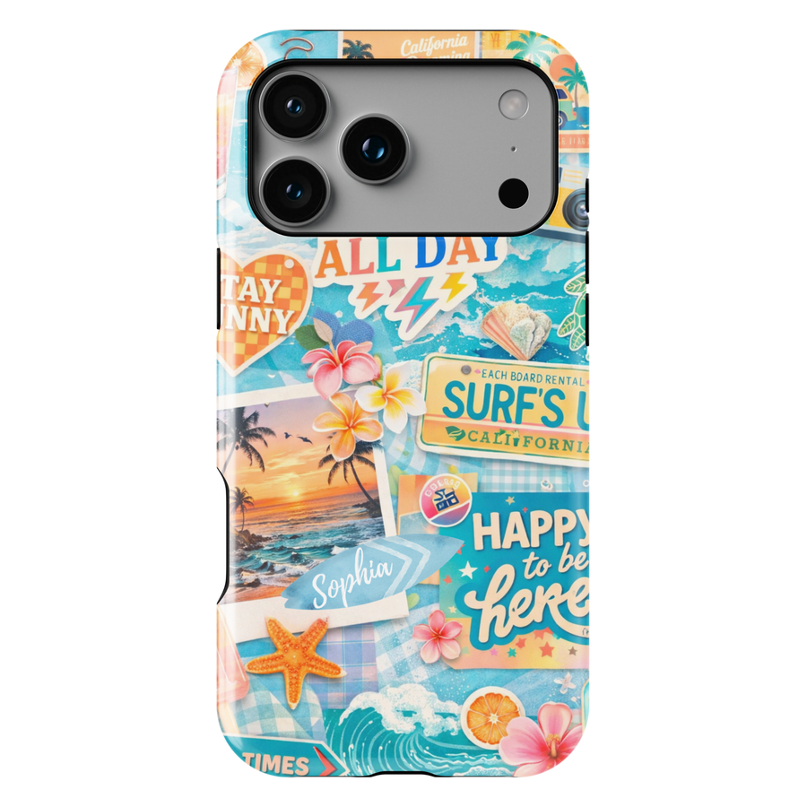 California summer beach collage phone case with sunset, palm trees, and ocean waves for iPhone 17 Pro Max and Samsung Galaxy S26 Ultra.
