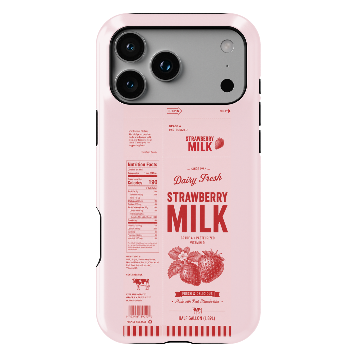 Pink strawberry milk carton inspired iPhone case featuring vintage dairy label artwork, nutrition facts, and retro strawberry illustrations.