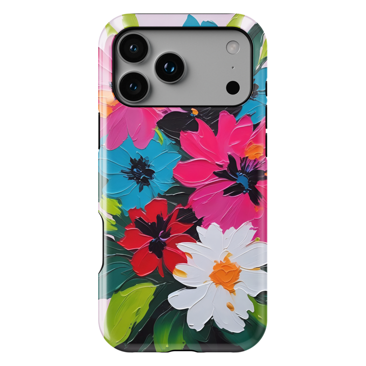 Colorful floral iPhone case featuring bold pink, blue, red, and white flowers with expressive painterly brushstrokes.