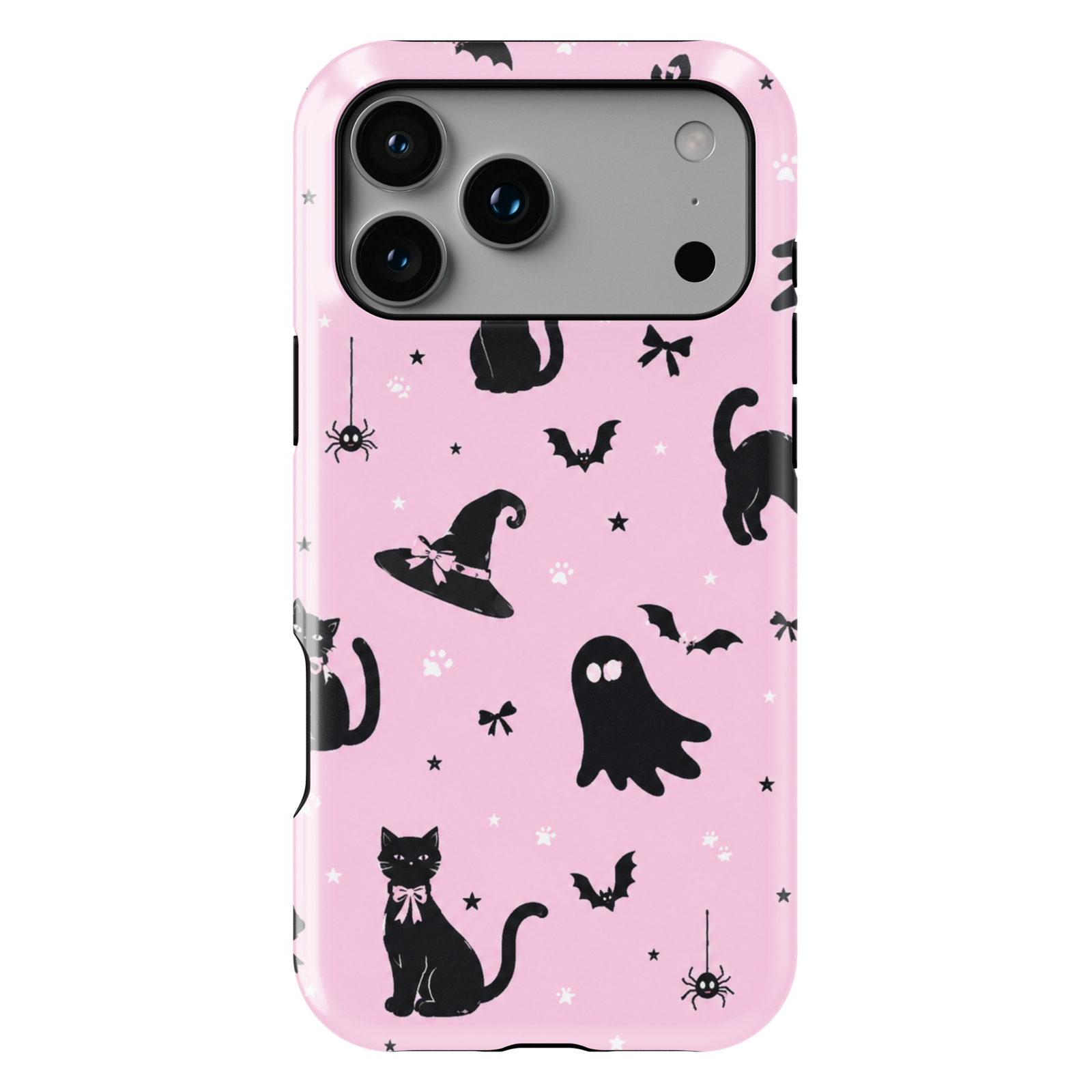 Pink Halloween iPhone case with black cats, ghosts, witch hats, bats, pumpkins, bows, spiders and paw prints.
