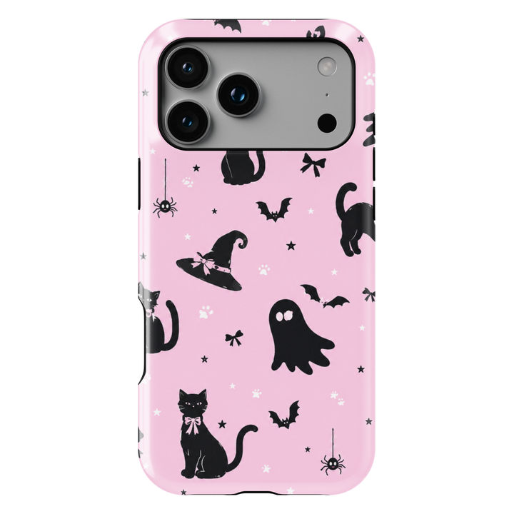 Pink Halloween iPhone case with black cats, ghosts, witch hats, bats, pumpkins, bows, spiders and paw prints.