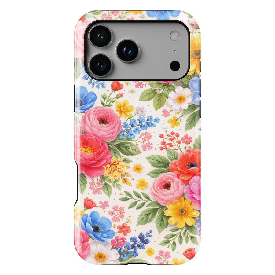Bright colorful floral iPhone 17 case with vibrant garden bouquet flowers on light background protective tough case for iPhone 17 Pro Max, iPhone 17 Pro, iPhone 16 Pro Max, iPhone 16 Plus