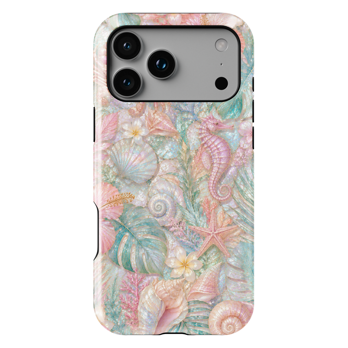 Pastel seahorse iPhone 17 Pro Max case featuring seashells, starfish, coral, tropical leaves, and luxurious coastal ocean artwork.